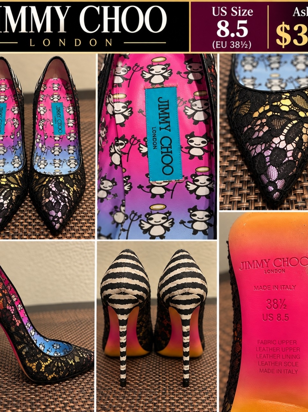 Jimmy Choo Black Lace Pointed Pumps with Pink and Purple Gradient Interior